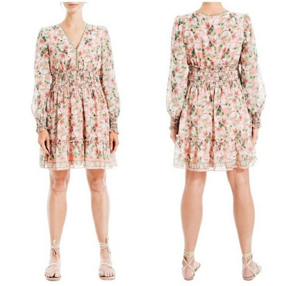 MAX STUDIO Geometric Floral Print Smocked Waist Dress Coral Green Hibiscus L NWT - Picture 10 of 12